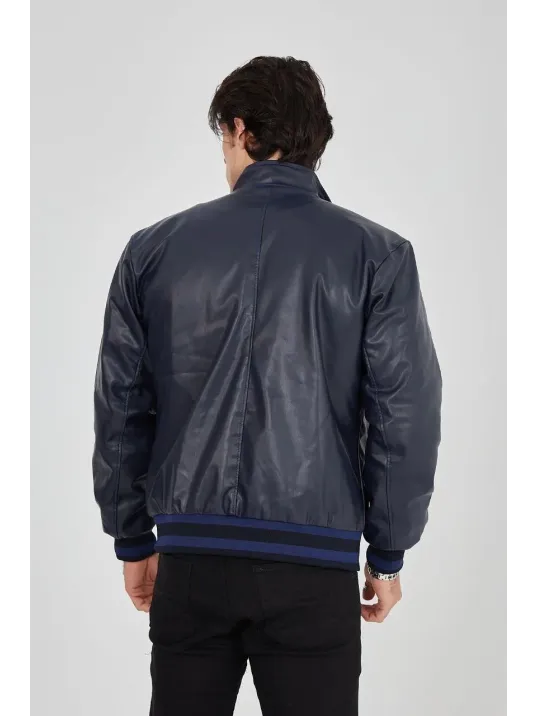 Erkek Fermuarlı İçten Elyaf Ve Astarlı Suni Deri Ceket - Lacivert Erkek Fermuarlı İçten Elyaf Ve Astarlı Suni Deri Ceket - Lacivert