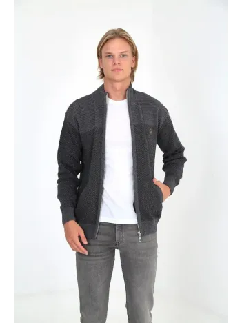 Erkek Fermuarlı Triko Hırka Yüksek Yaka, Cepli, Günlük Şık Rahat Kalıp Triko - Gri