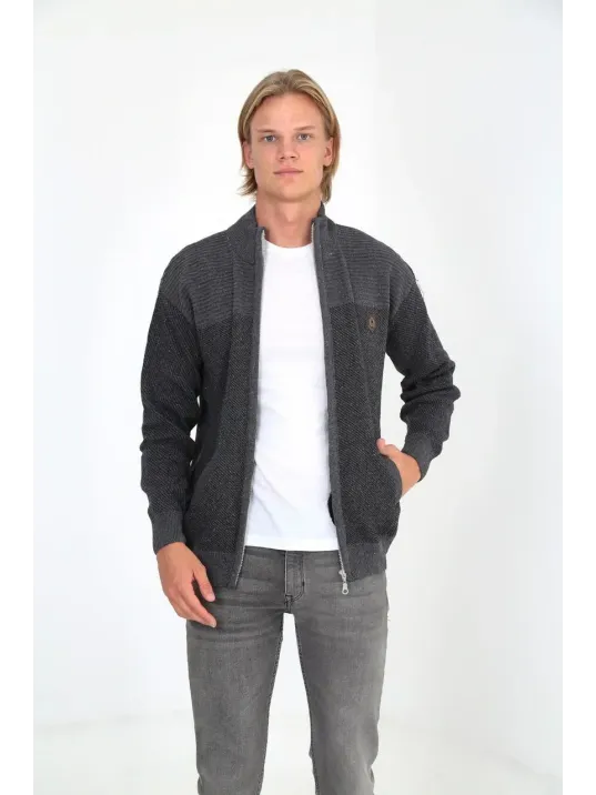 Erkek Fermuarlı Triko Hırka Yüksek Yaka, Cepli, Günlük Şık Rahat Kalıp Triko - Gri Erkek Fermuarlı Triko Hırka Yüksek Yaka, Cepli, Günlük Şık Rahat Kalıp Triko - Gri