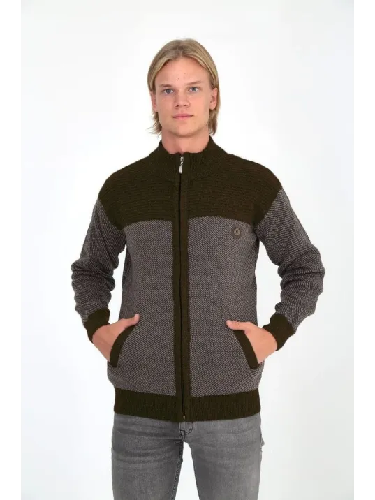 Erkek Fermuarlı Triko Hırka Yüksek Yaka, Cepli, Günlük Şık Rahat Kalıp Triko - Kahverengi Erkek Fermuarlı Triko Hırka Yüksek Yaka, Cepli, Günlük Şık Rahat Kalıp Triko - Kahverengi