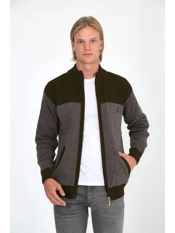 Erkek Fermuarlı Triko Hırka Yüksek Yaka, Cepli, Günlük Şık Rahat Kalıp Triko - Kahverengi