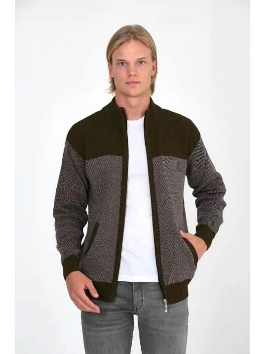 Erkek Fermuarlı Triko Hırka Yüksek Yaka, Cepli, Günlük Şık Rahat Kalıp Triko - Kahverengi Erkek Fermuarlı Triko Hırka Yüksek Yaka, Cepli, Günlük Şık Rahat Kalıp Triko - Kahverengi