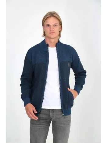 Erkek Fermuarlı Triko Hırka Yüksek Yaka, Cepli, Günlük Şık Rahat Kalıp Triko - Mavi