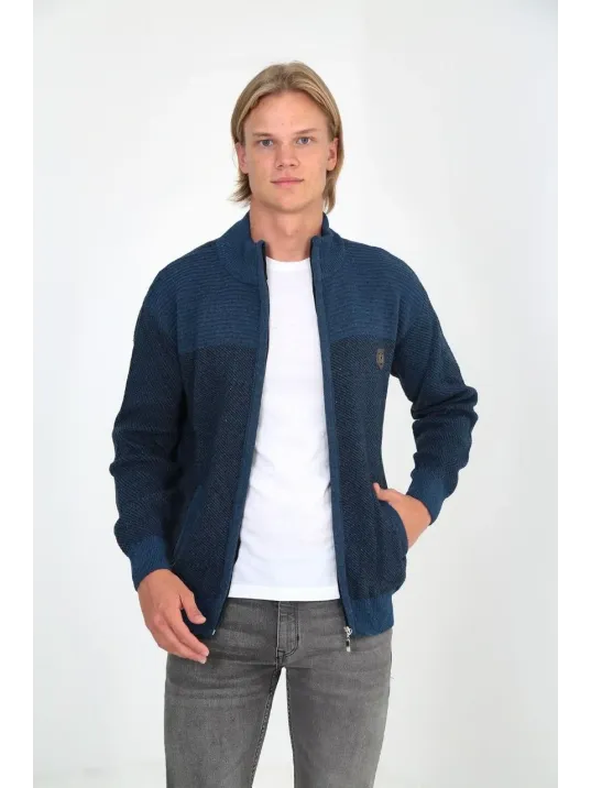 Erkek Fermuarlı Triko Hırka Yüksek Yaka, Cepli, Günlük Şık Rahat Kalıp Triko - Mavi