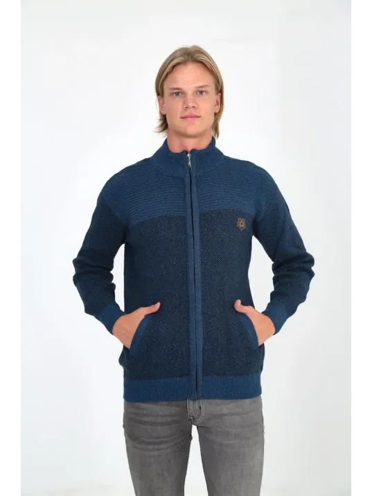 Erkek Fermuarlı Triko Hırka Yüksek Yaka, Cepli, Günlük Şık Rahat Kalıp Triko - Mavi