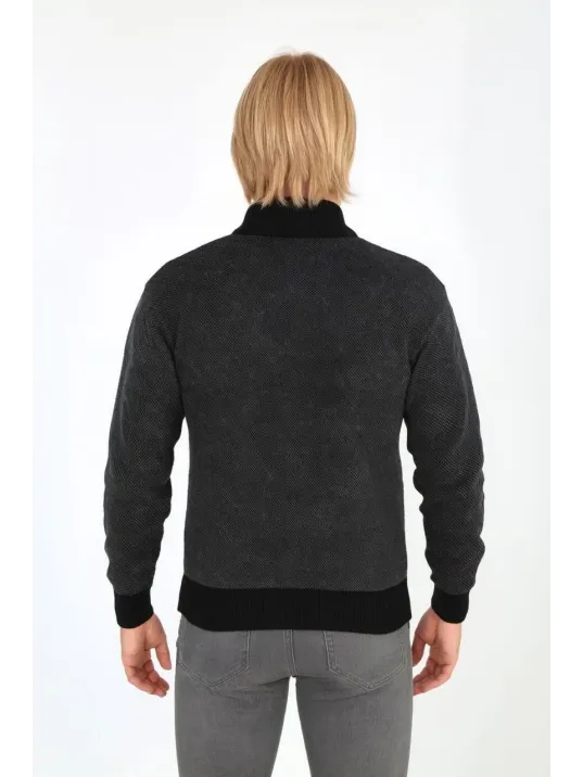 Erkek Fermuarlı Triko Hırka Yüksek Yaka, Cepli, Günlük Şık Rahat Kalıp Triko - Siyah