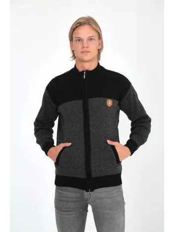 Erkek Fermuarlı Triko Hırka Yüksek Yaka, Cepli, Günlük Şık Rahat Kalıp Triko - Siyah