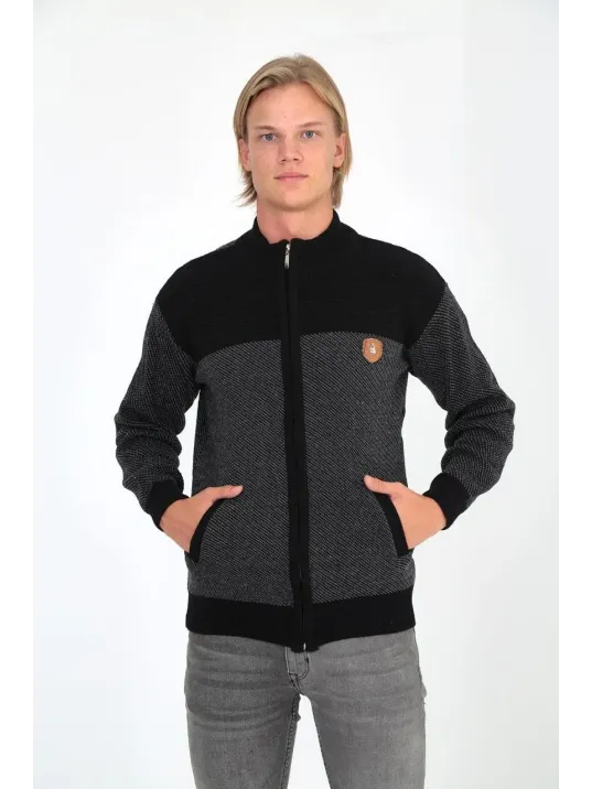 Erkek Fermuarlı Triko Hırka Yüksek Yaka, Cepli, Günlük Şık Rahat Kalıp Triko - Siyah