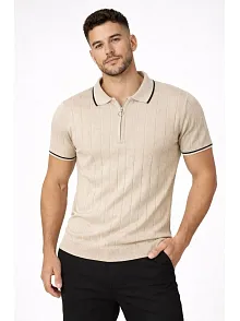 Erkek Fermuarlı Yaka Fitilli Triko Kısa Kollu Regular Fit Tişört T-shirt - Bej