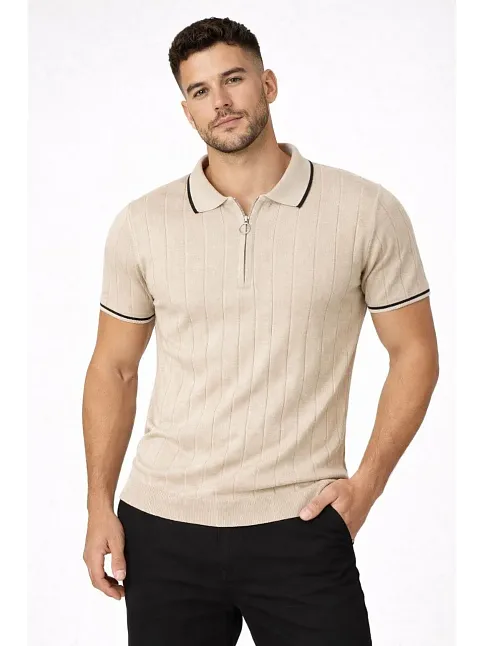 Erkek Fermuarlı Yaka Fitilli Triko Kısa Kollu Regular Fit Tişört T-shirt - Bej