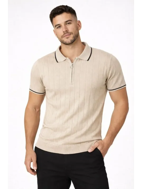 Erkek Fermuarlı Yaka Fitilli Triko Kısa Kollu Regular Fit Tişört T-shirt - Bej