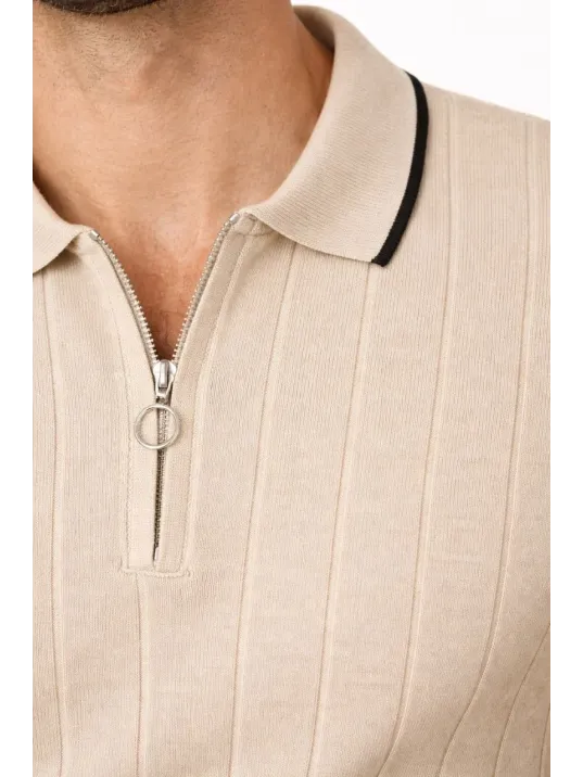 Erkek Fermuarlı Yaka Fitilli Triko Kısa Kollu Regular Fit Tişört T-shirt - Bej