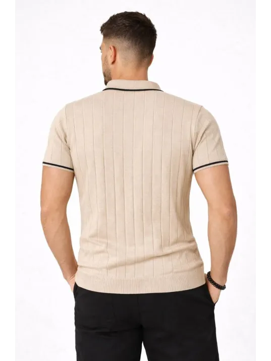 Erkek Fermuarlı Yaka Fitilli Triko Kısa Kollu Regular Fit Tişört T-shirt - Bej