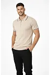 Erkek Fermuarlı Yaka Fitilli Triko Kısa Kollu Regular Fit Tişört T-shirt - Bej