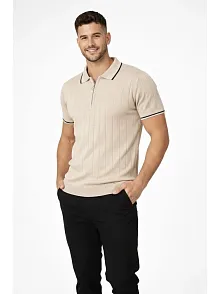 Erkek Fermuarlı Yaka Fitilli Triko Kısa Kollu Regular Fit Tişört T-shirt - Bej