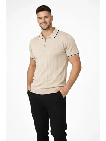 Erkek Fermuarlı Yaka Fitilli Triko Kısa Kollu Regular Fit Tişört T-shirt - Bej