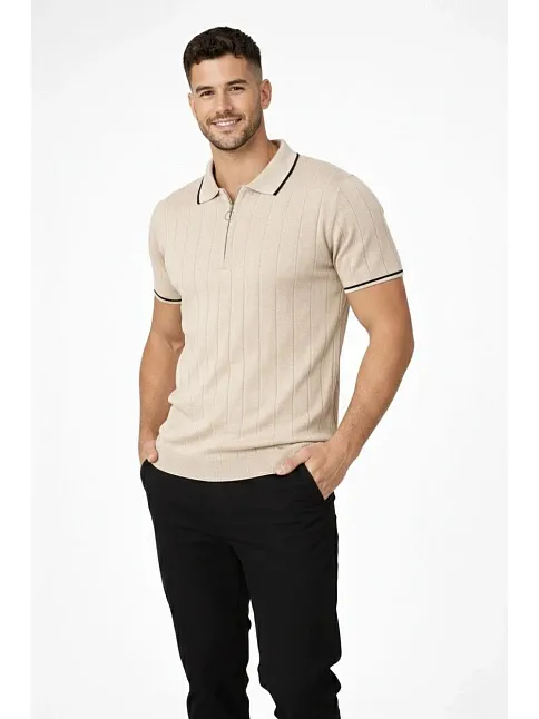 Erkek Fermuarlı Yaka Fitilli Triko Kısa Kollu Regular Fit Tişört T-shirt - Bej