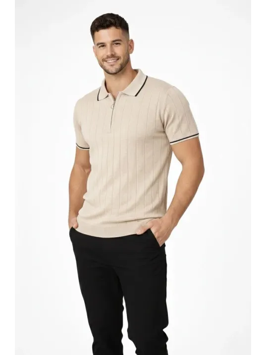 Erkek Fermuarlı Yaka Fitilli Triko Kısa Kollu Regular Fit Tişört T-shirt - Bej