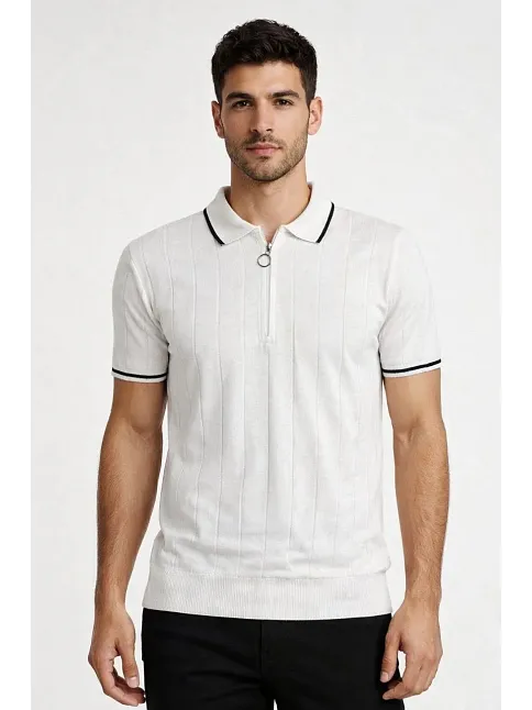 Erkek Fermuarlı Yaka Fitilli Triko Kısa Kollu Regular Fit Tişört T-shirt - Beyaz