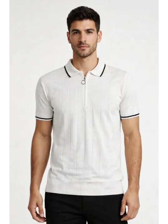 Erkek Fermuarlı Yaka Fitilli Triko Kısa Kollu Regular Fit Tişört T-shirt - Beyaz