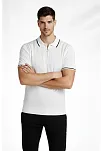 Erkek Fermuarlı Yaka Fitilli Triko Kısa Kollu Regular Fit Tişört T-shirt - Beyaz