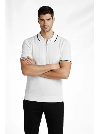Erkek Fermuarlı Yaka Fitilli Triko Kısa Kollu Regular Fit Tişört T-shirt - Beyaz