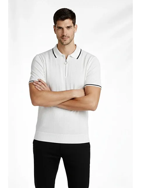 Erkek Fermuarlı Yaka Fitilli Triko Kısa Kollu Regular Fit Tişört T-shirt - Beyaz