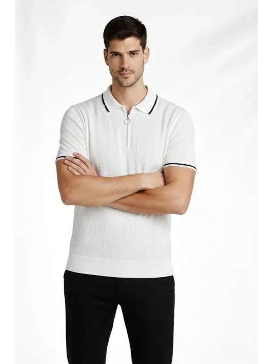 Erkek Fermuarlı Yaka Fitilli Triko Kısa Kollu Regular Fit Tişört T-shirt - Beyaz