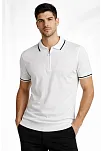 Erkek Fermuarlı Yaka Fitilli Triko Kısa Kollu Regular Fit Tişört T-shirt - Beyaz