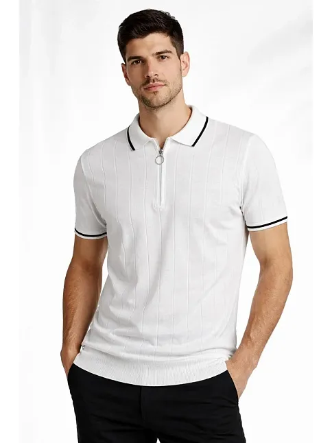 Erkek Fermuarlı Yaka Fitilli Triko Kısa Kollu Regular Fit Tişört T-shirt - Beyaz