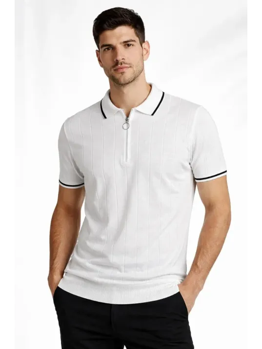 Erkek Fermuarlı Yaka Fitilli Triko Kısa Kollu Regular Fit Tişört T-shirt - Beyaz