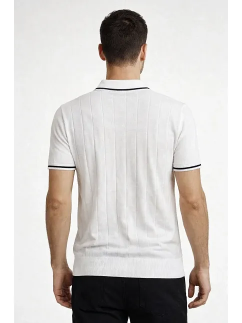 Erkek Fermuarlı Yaka Fitilli Triko Kısa Kollu Regular Fit Tişört T-shirt - Beyaz