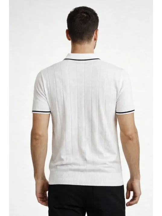 Erkek Fermuarlı Yaka Fitilli Triko Kısa Kollu Regular Fit Tişört T-shirt - Beyaz