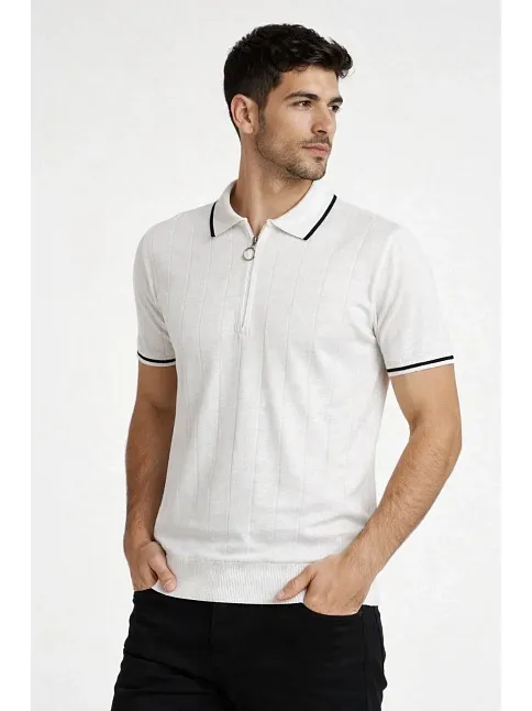 Erkek Fermuarlı Yaka Fitilli Triko Kısa Kollu Regular Fit Tişört T-shirt - Beyaz