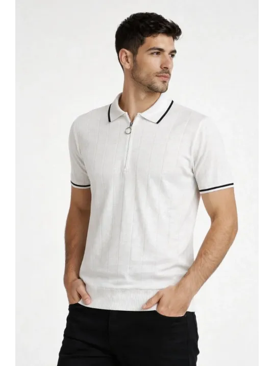 Erkek Fermuarlı Yaka Fitilli Triko Kısa Kollu Regular Fit Tişört T-shirt - Beyaz