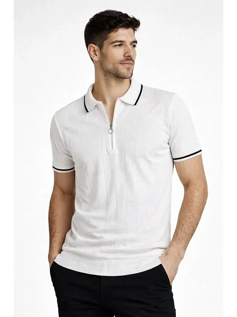 Erkek Fermuarlı Yaka Fitilli Triko Kısa Kollu Regular Fit Tişört T-shirt - Beyaz