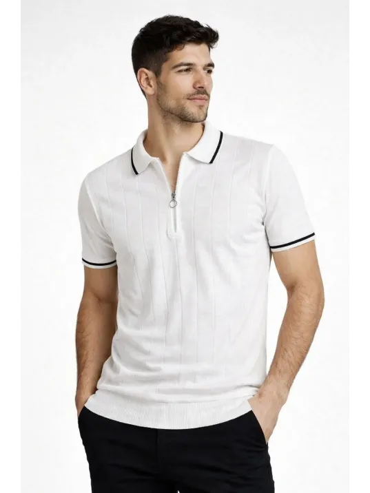 Erkek Fermuarlı Yaka Fitilli Triko Kısa Kollu Regular Fit Tişört T-shirt - Beyaz