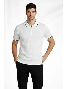 Erkek Fermuarlı Yaka Fitilli Triko Kısa Kollu Regular Fit Tişört T-shirt - Beyaz