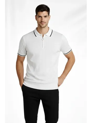 Erkek Fermuarlı Yaka Fitilli Triko Kısa Kollu Regular Fit Tişört T-shirt - Beyaz