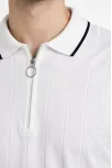 Erkek Fermuarlı Yaka Fitilli Triko Kısa Kollu Regular Fit Tişört T-shirt - Beyaz