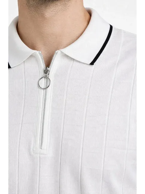 Erkek Fermuarlı Yaka Fitilli Triko Kısa Kollu Regular Fit Tişört T-shirt - Beyaz