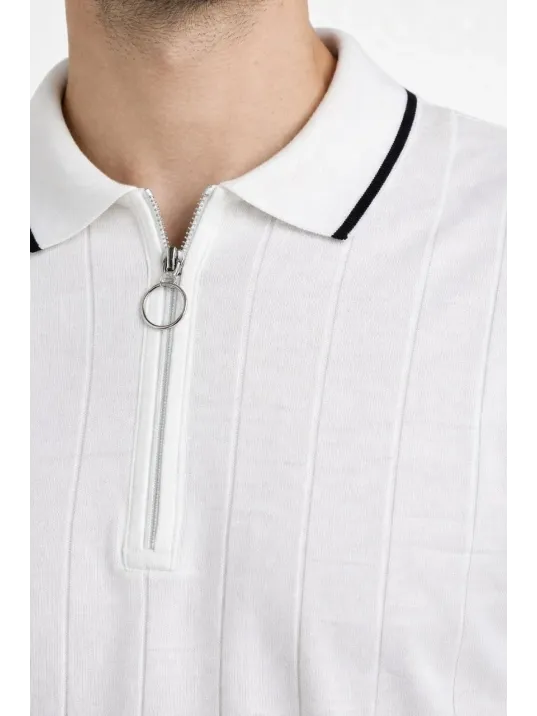 Erkek Fermuarlı Yaka Fitilli Triko Kısa Kollu Regular Fit Tişört T-shirt - Beyaz