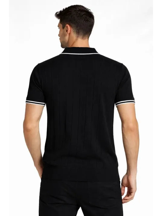 Erkek Fermuarlı Yaka Fitilli Triko Kısa Kollu Regular Fit Tişört T-shirt - Siyah