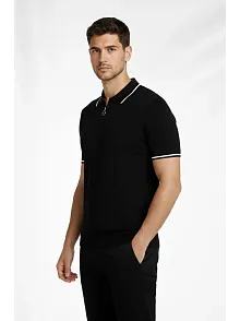 Erkek Fermuarlı Yaka Fitilli Triko Kısa Kollu Regular Fit Tişört T-shirt - Siyah