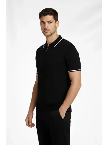 Erkek Fermuarlı Yaka Fitilli Triko Kısa Kollu Regular Fit Tişört T-shirt - Siyah