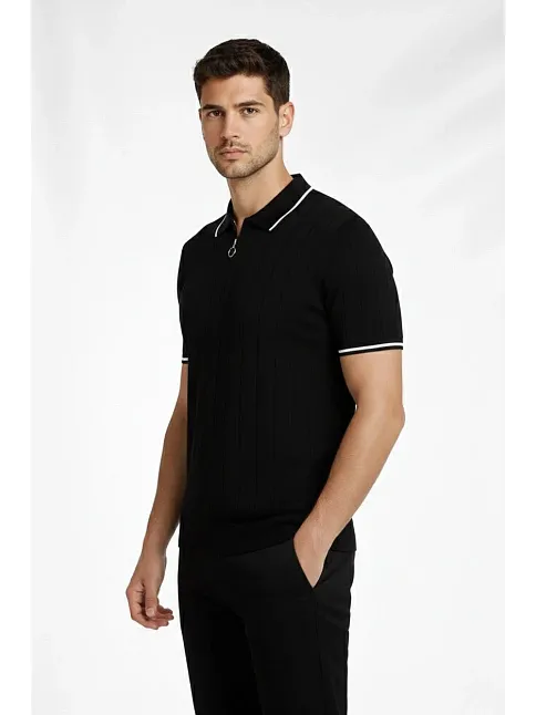 Erkek Fermuarlı Yaka Fitilli Triko Kısa Kollu Regular Fit Tişört T-shirt - Siyah Erkek Fermuarlı Yaka Fitilli Triko Kısa Kollu Regular Fit Tişört T-shirt - Siyah