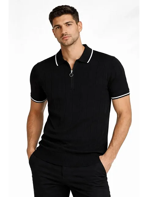 Erkek Fermuarlı Yaka Fitilli Triko Kısa Kollu Regular Fit Tişört T-shirt - Siyah Erkek Fermuarlı Yaka Fitilli Triko Kısa Kollu Regular Fit Tişört T-shirt - Siyah