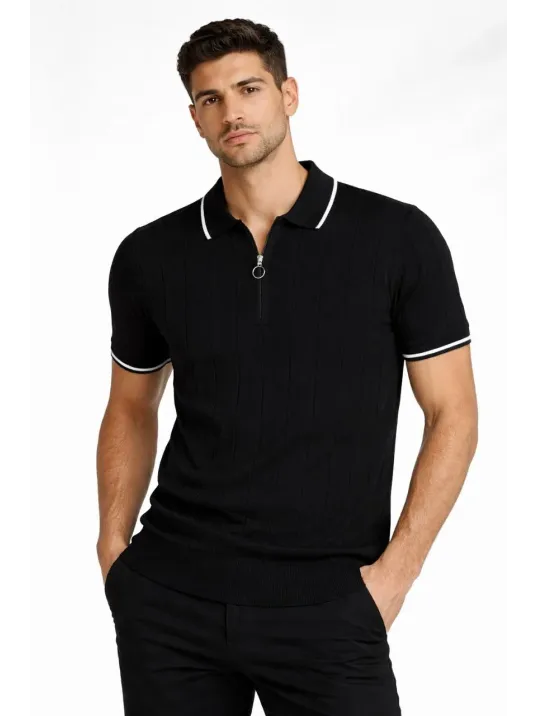 Erkek Fermuarlı Yaka Fitilli Triko Kısa Kollu Regular Fit Tişört T-shirt - Siyah