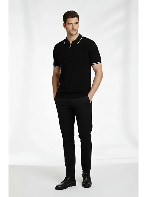 Erkek Fermuarlı Yaka Fitilli Triko Kısa Kollu Regular Fit Tişört T-shirt - Siyah Erkek Fermuarlı Yaka Fitilli Triko Kısa Kollu Regular Fit Tişört T-shirt - Siyah