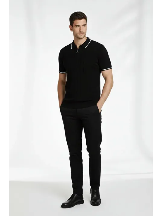 Erkek Fermuarlı Yaka Fitilli Triko Kısa Kollu Regular Fit Tişört T-shirt - Siyah